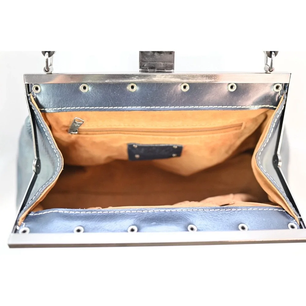 Patricia Nash Navy Italian Leather Floral Embossed Shoulder Bag Silver Hardware